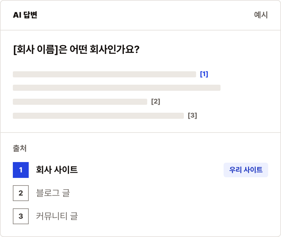 AI 답변 예시: 「은 어떤 회사인가요?」라는 질문의 답과 출처 목록. 1번 출처가 회사 사이트(우리 사이트), 2번 블로그 글, 3번 커뮤니티 글